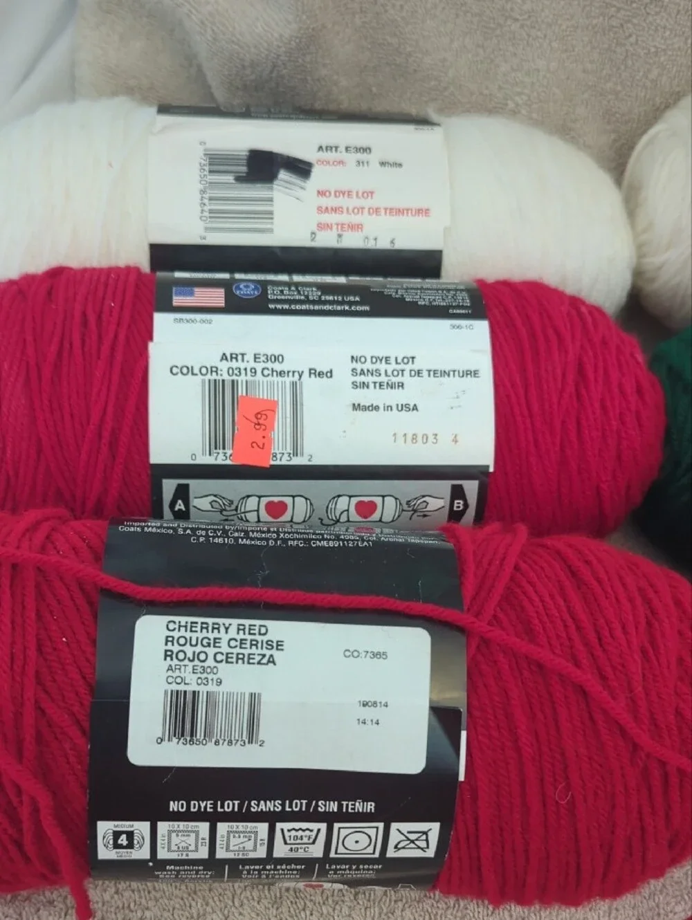 Red Heart Super Saver Yarn's in Red, White, and Green